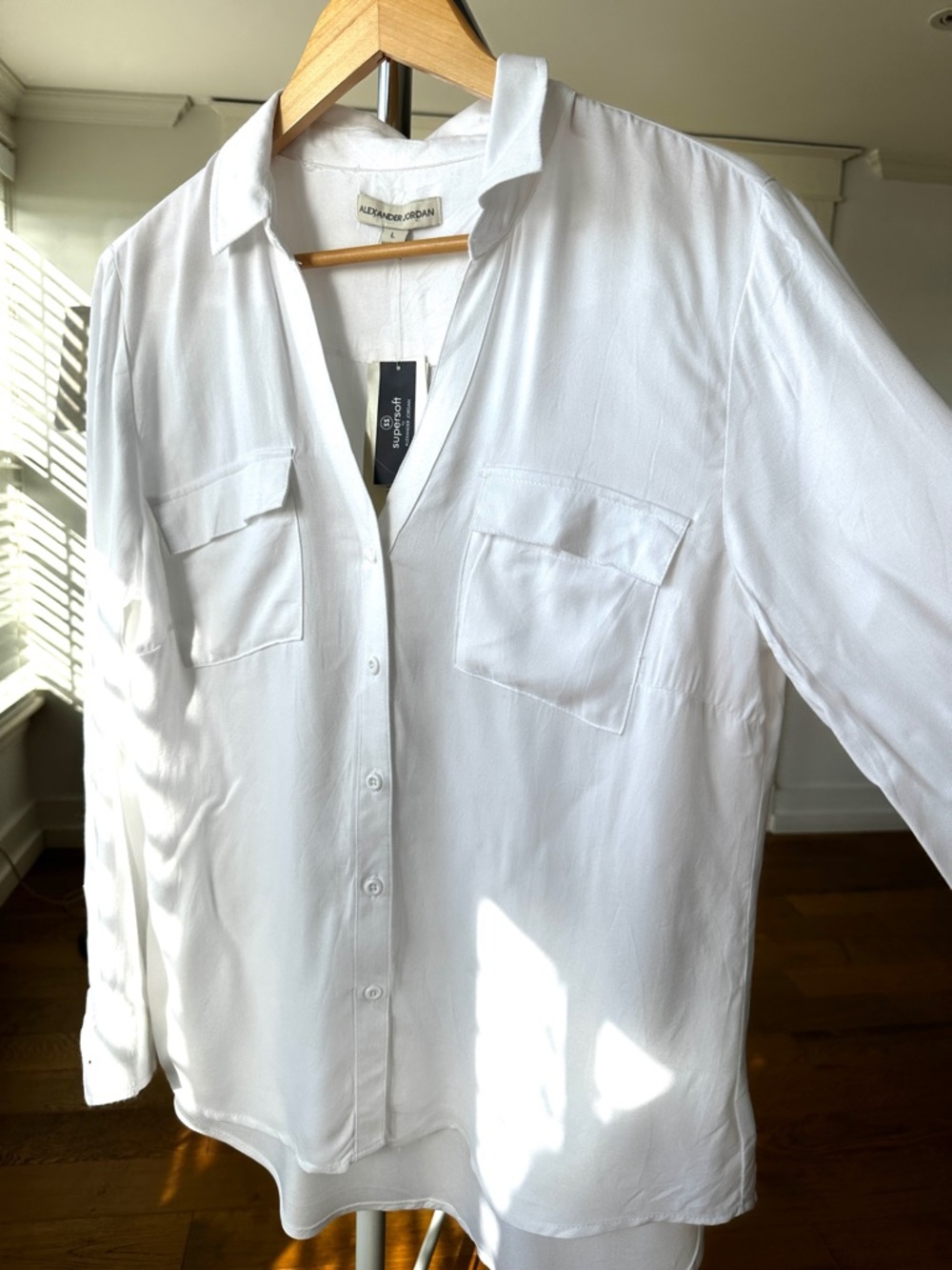 Alexander Jordan White Button-Up Shirt, Roll-tab Sleeves, Relaxed Fit, Rayon